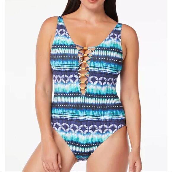 Bleu by Rod Beattie lattice Lace-Up Over-the-Shoulder One-Piece Swimsuit… - Picture 1 of 7